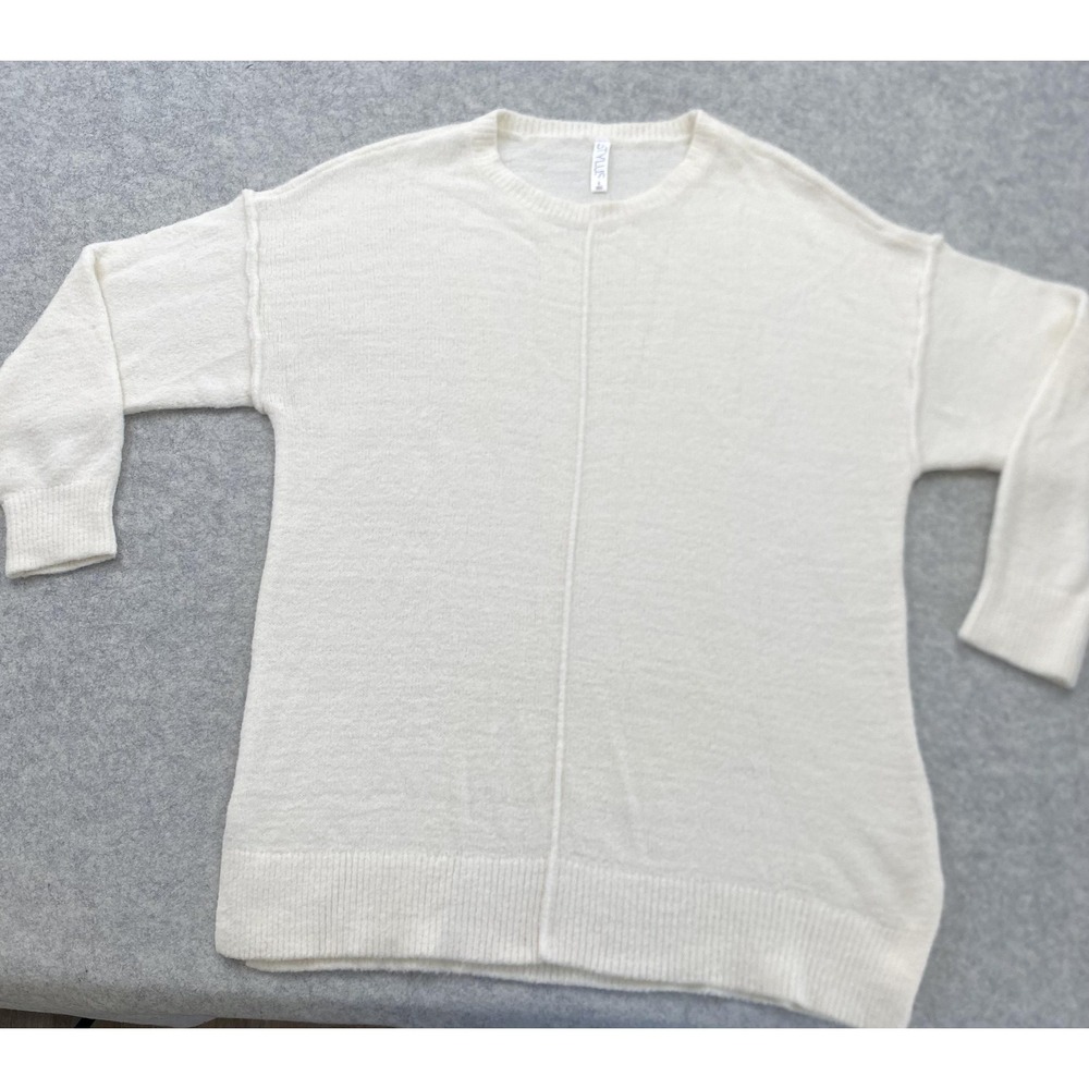 Stylus Sweater Womens Large White Crewneck Tunic Knit Lightweight Nylon Pullover